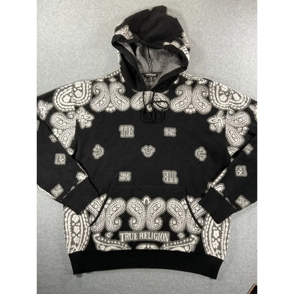 True Religion Mens Knitted Bandana Hoodie Black White Paisley Logo Sweater M 938